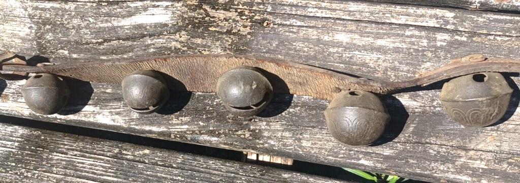 Antique Brass Engraved Sleigh Bells Numbered Original Strap 8Ft Long 24 Bells image 11