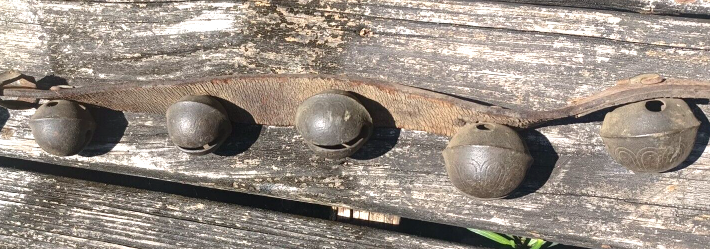 Antique Brass Engraved Sleigh Bells Numbered Original Strap 8Ft Long 24 Bells image 11
