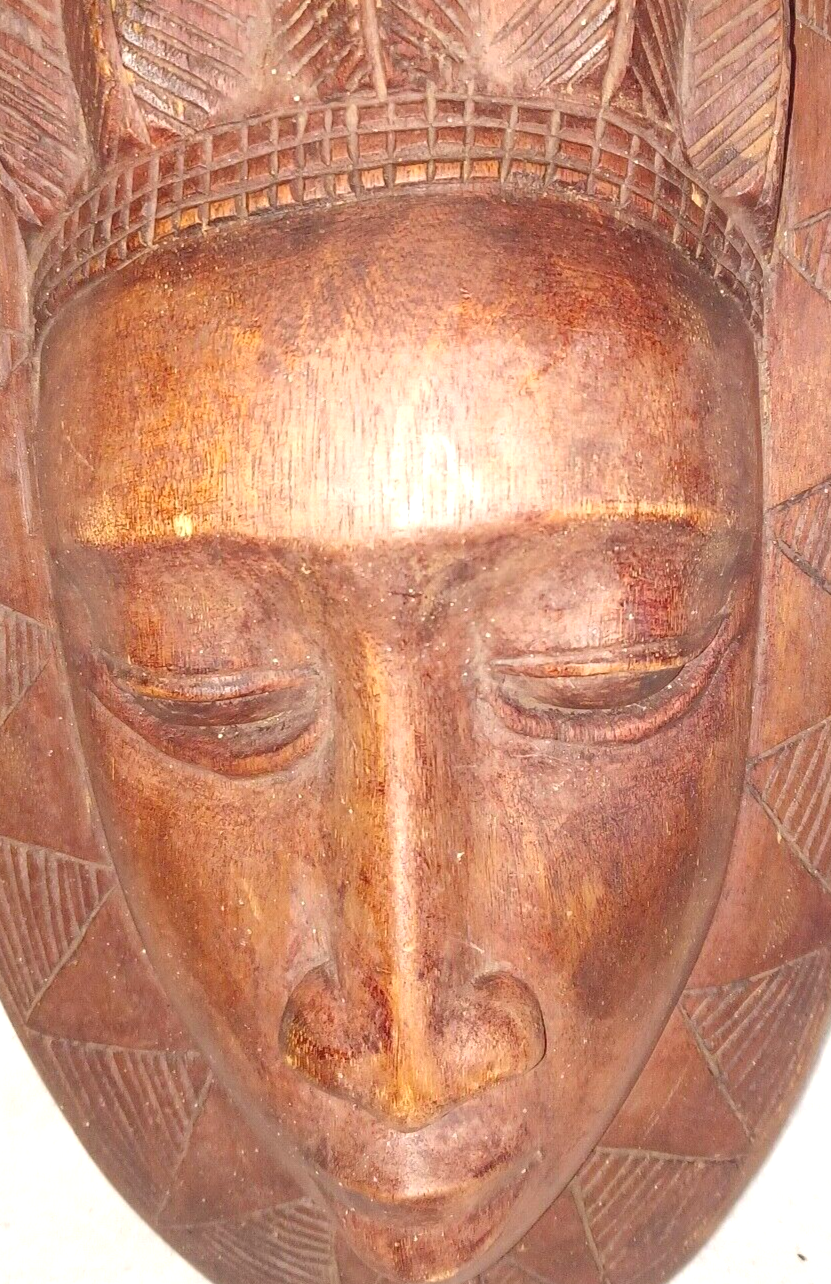 Vintage African Hand Carved Wood Female Tribal Mask Hair Weave ~  16.75" Tall image 3