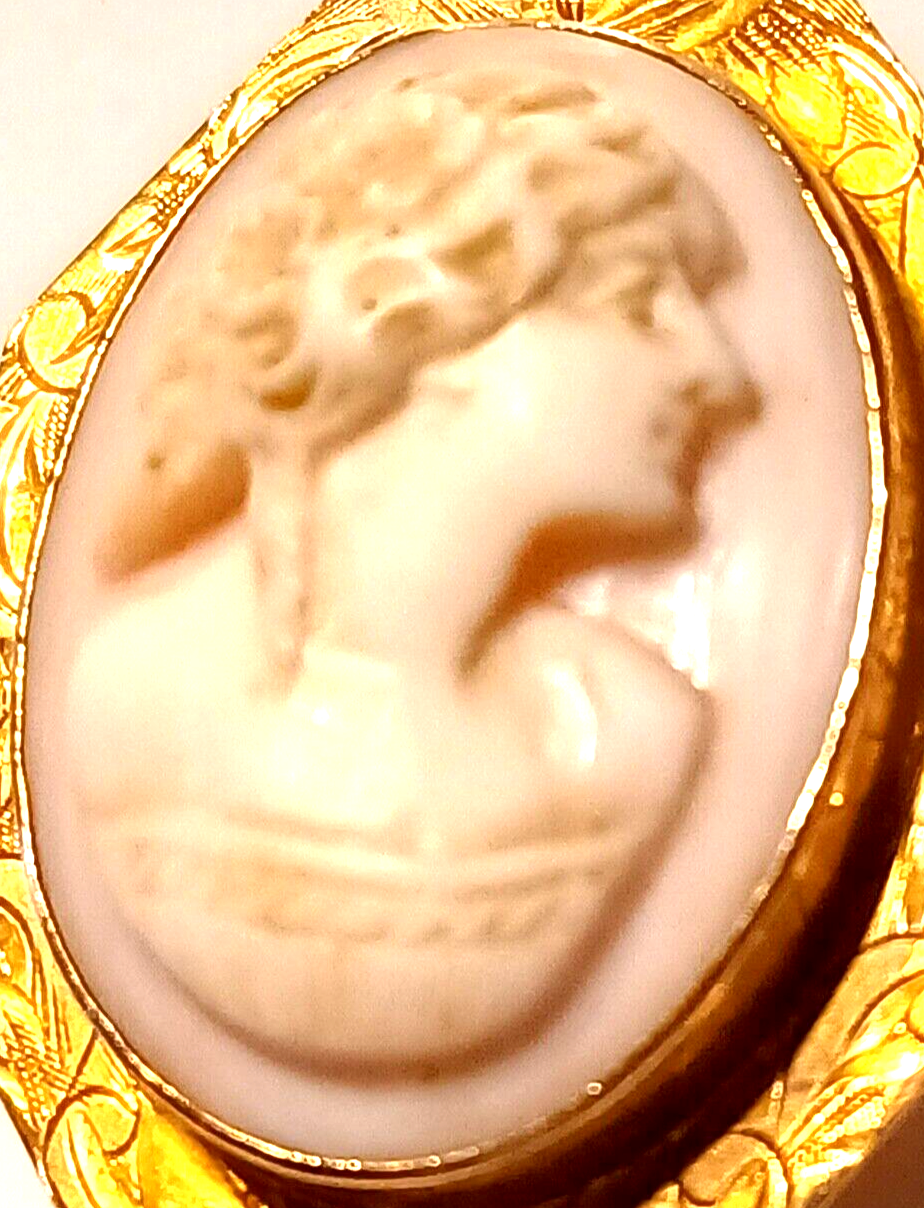 Gorgeous Antique Pin Coral Cameo & 10k Yellow Gold Scroll Pendant Pin image 4