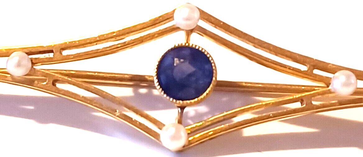 Antique Tanzanite Seed Pearl & 14k Yellow Gold Brooch image 3