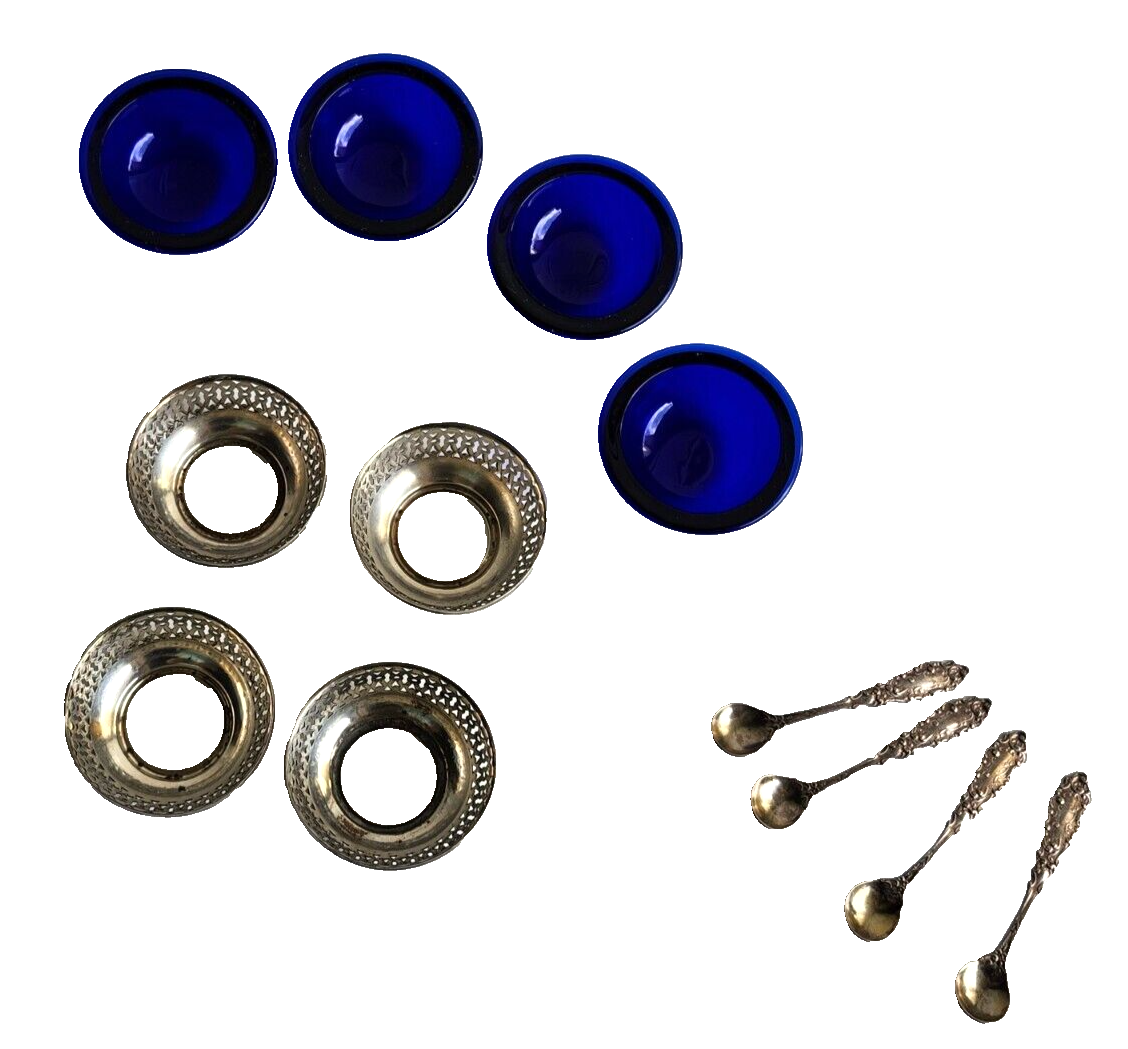 4 Antique Webster Sterling Silver & Cobalt Blue Open Salt Cellars w/ Spoons image 5