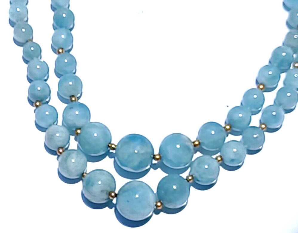 Antique Graduating Double Strand Aquamarine Crystal & 14K Gold Bead Necklace image 2