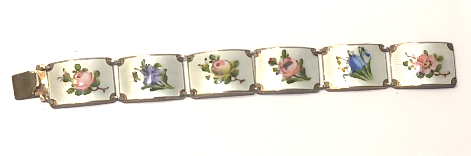Vintage Norwegian Sterling Silver Guilloche Enamel Flower Panel Bracelet image 7