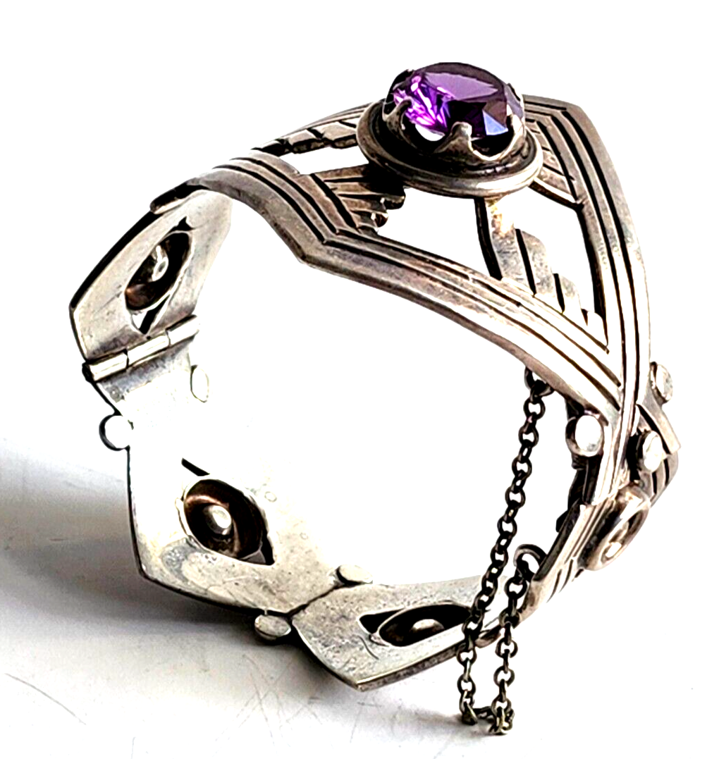 Vintage Taxco Mexico Sterling & Amethyst Chunky Hinged Bangle Bracelet Signed image 4
