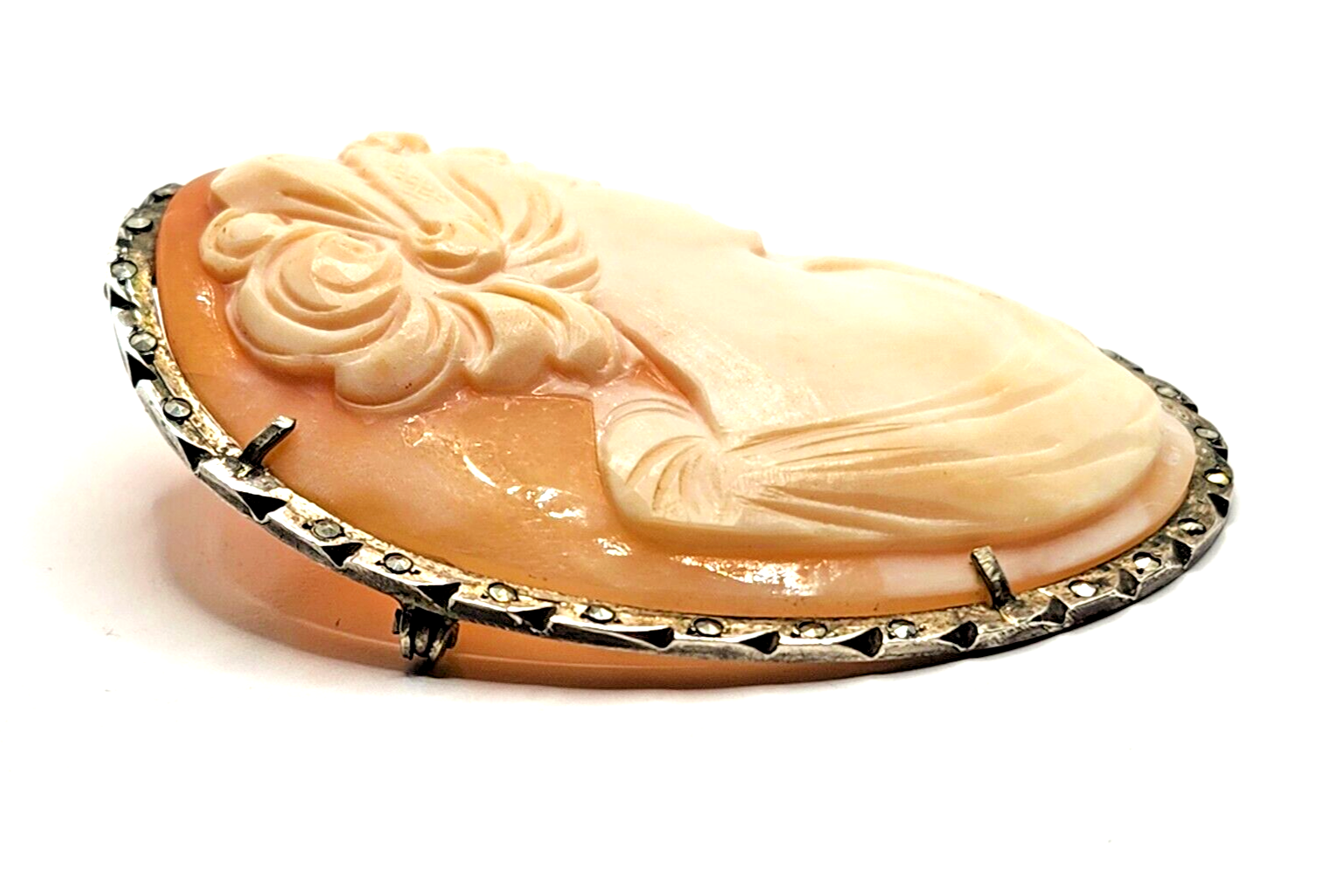 Large Antique Victorian Sterling Silver Marcasite & Shell Cameo Brooch Pendant image 3