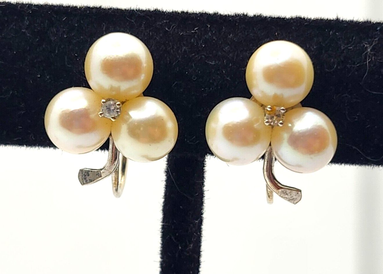 14K Triple White Cultured Pearl Three Leaf Clover & Diamond Screw Back Earrings image 1