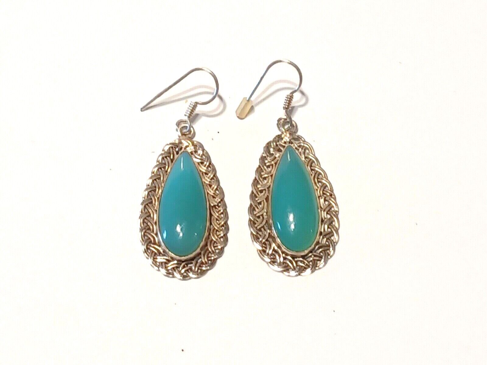 Vintage Sterling Silver & Aqua Blue Cabochon Stone Dangle Drop Earrings image 0
