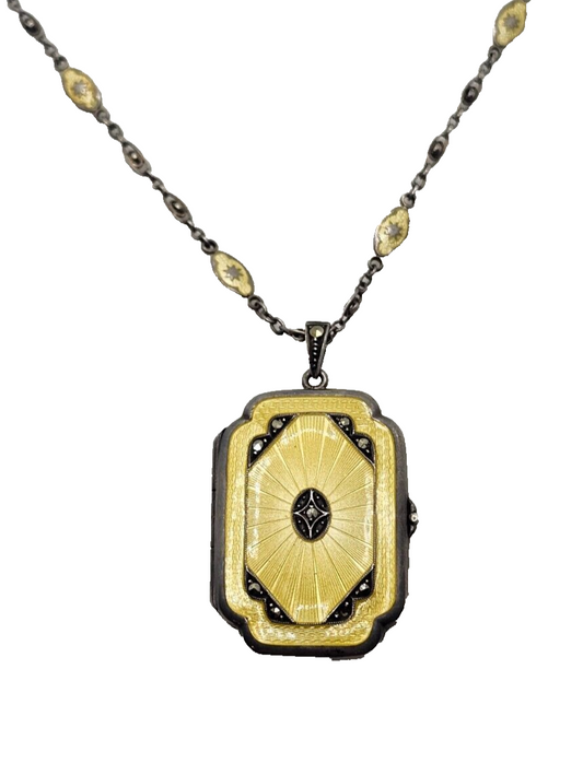 Antique Sterling Silver Guilloche Enamel Long Link Chain w/ Matching Locket image 0