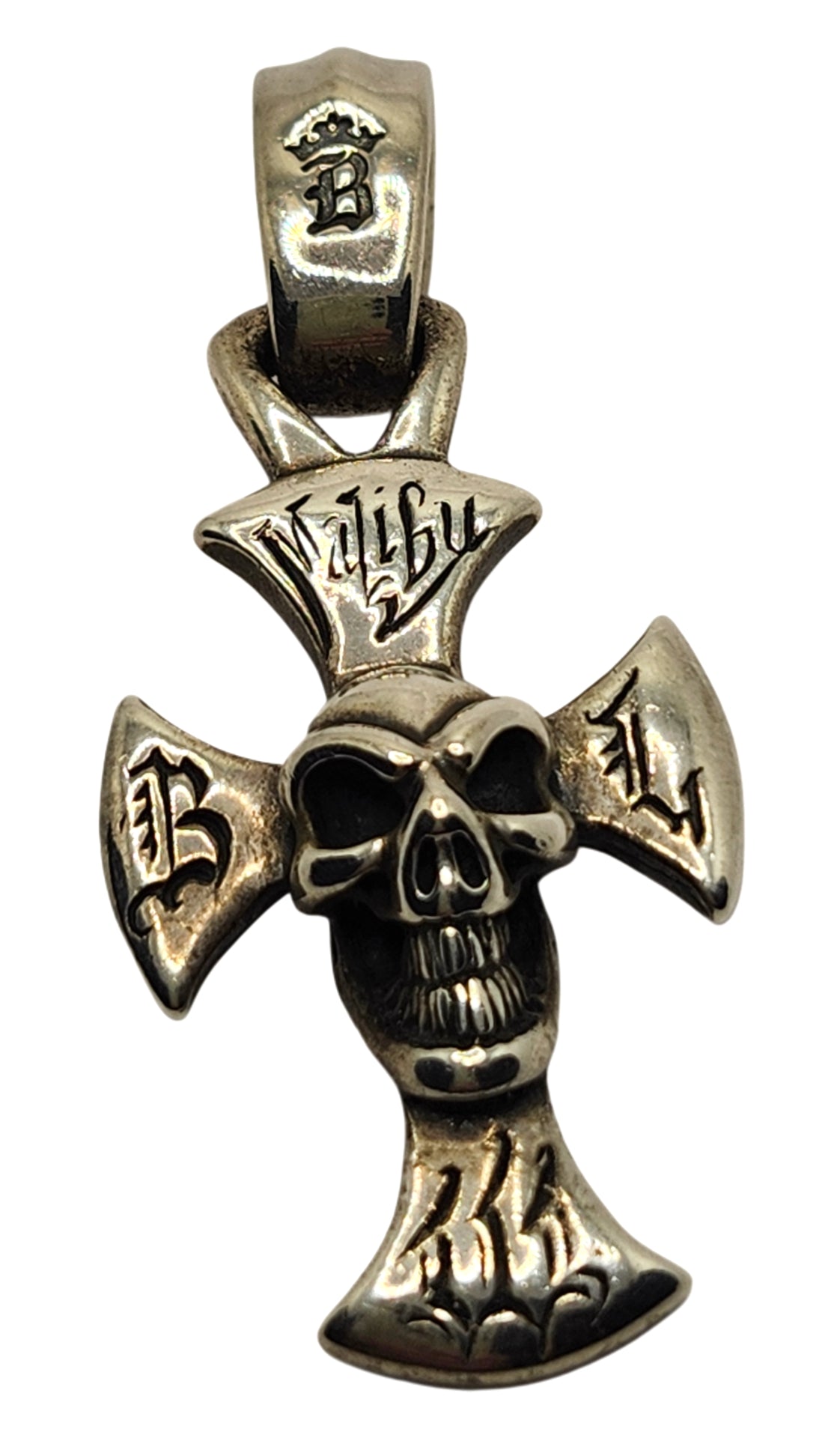 BWL Bill Wall Leather Sterling Large Malibu Cross w/ Good Luck Skull Pendant image 1