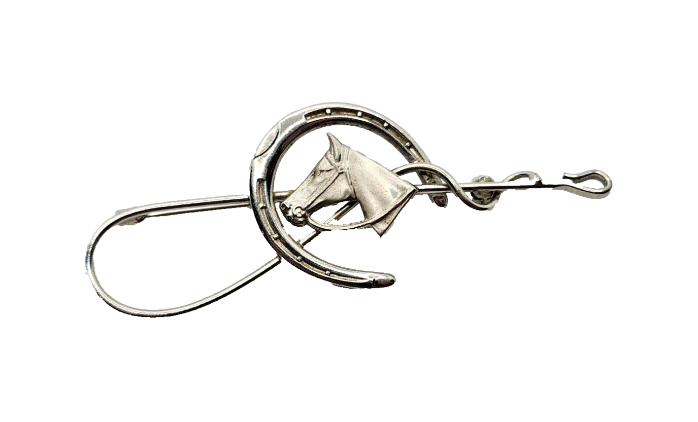 Sterling Silver Equestrian Horse Head & Horseshoe Pin Brooch image 0
