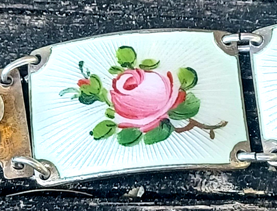 Vintage Norwegian Sterling Silver Guilloche Enamel Flower Panel Bracelet image 4