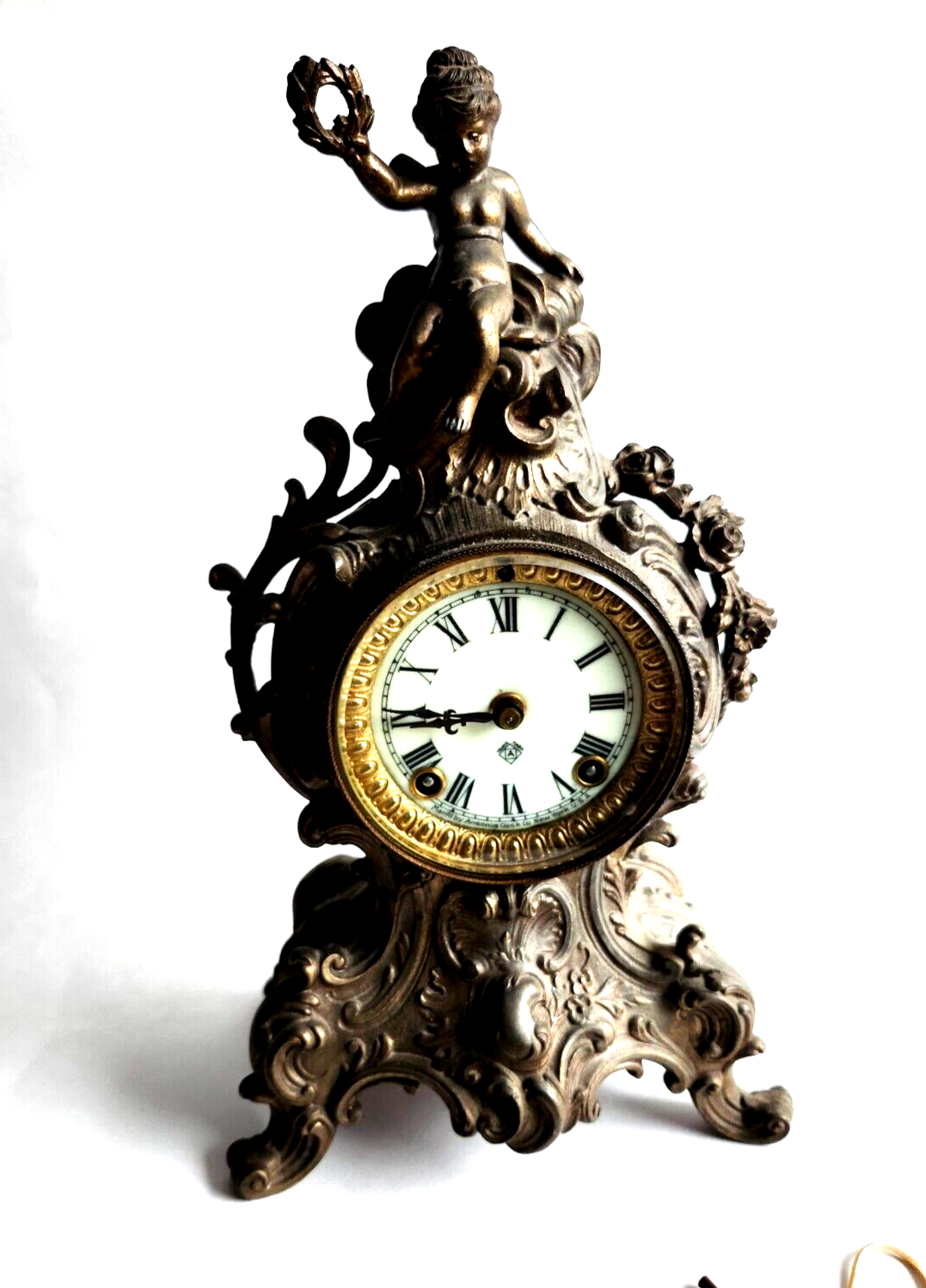 Antique Ansonia Bronze Gold Gilt Cherub Mantle Clock ~ Key Wind & Working image 1