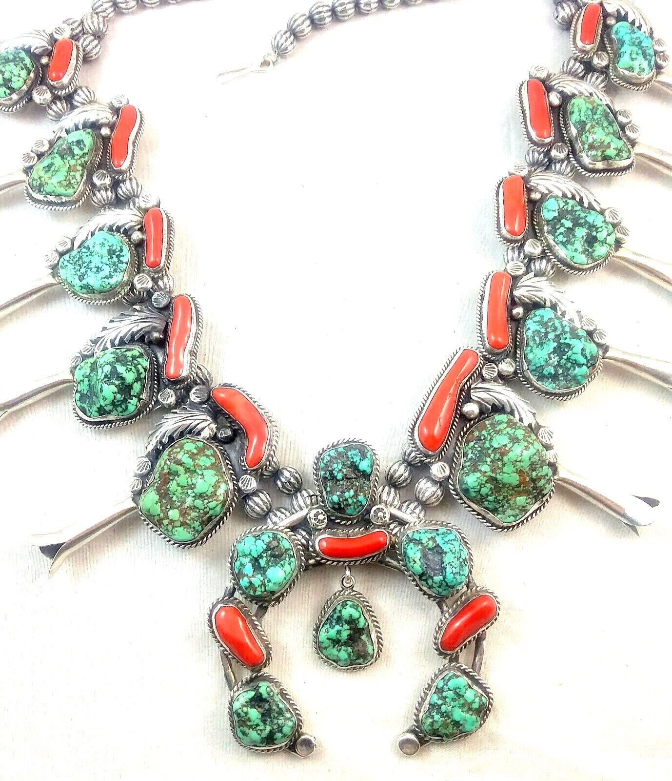 Native American Signed Squash Blossom Turquoise Coral & Sterling Silver Necklace image 0