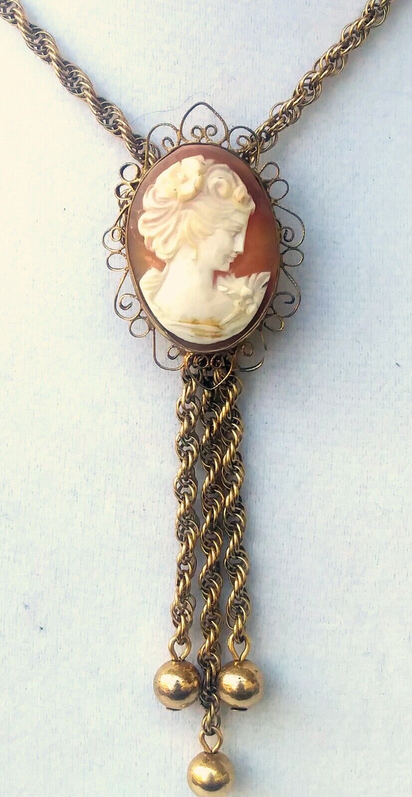 Antique Victorian Shell cameo & Gold Filled Rope Chain Bolo Style Necklace image 1