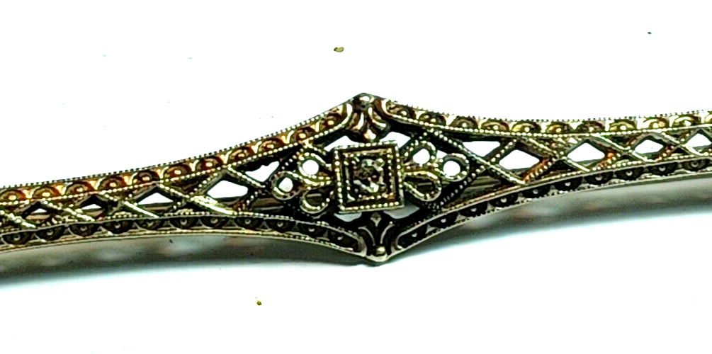 Antique Victorian Diamond Filigree 10K White Gold Bar Pin image 2