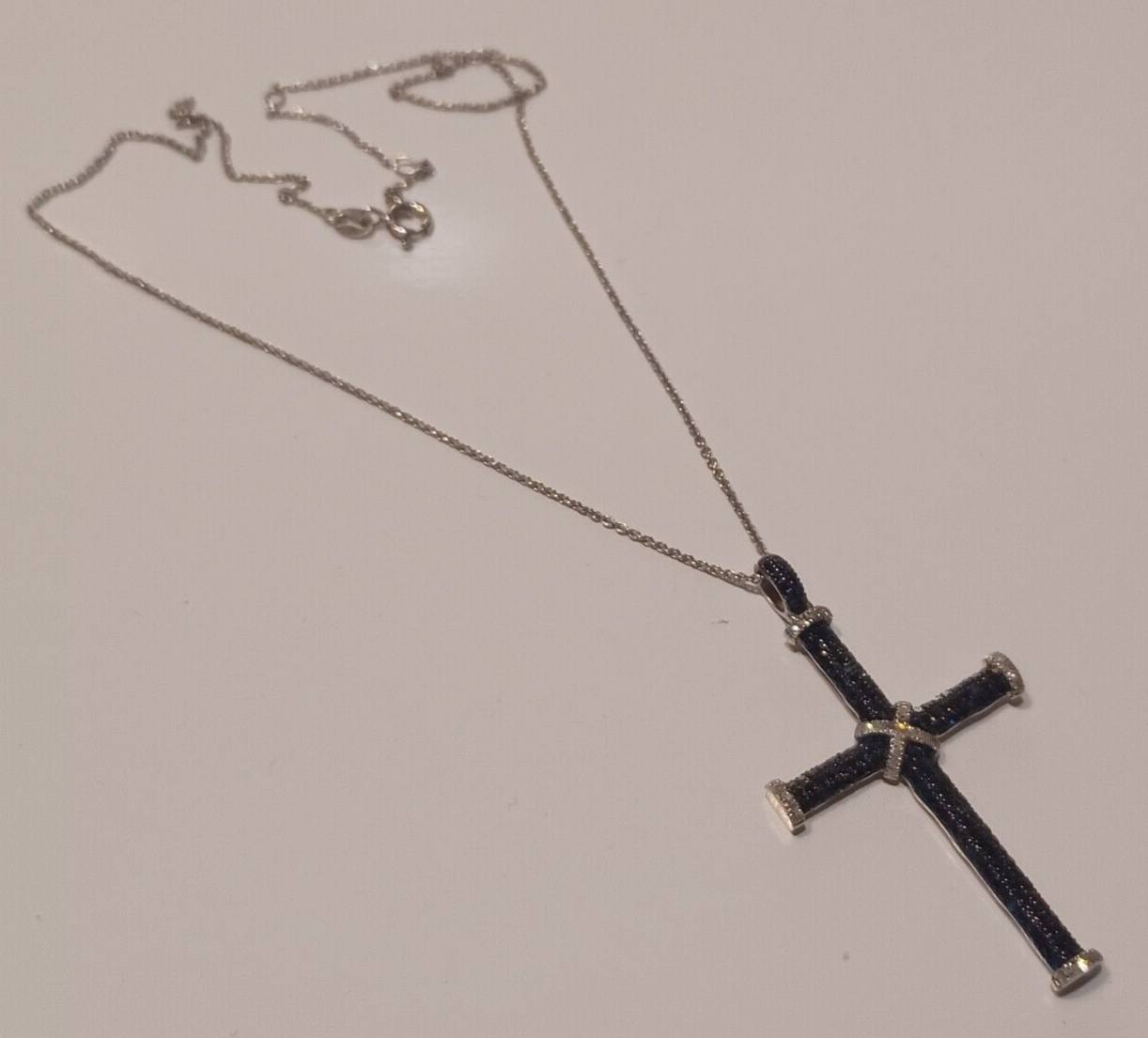 Round White & Black Diamond Cross Pendant w/ Sterling Silver Chain image 4