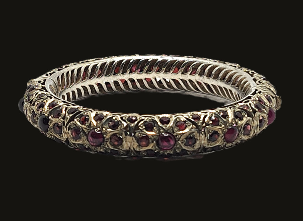 Mughal Indian Sterling Silver & Garnet Hinged Bangle Bracelet image 6
