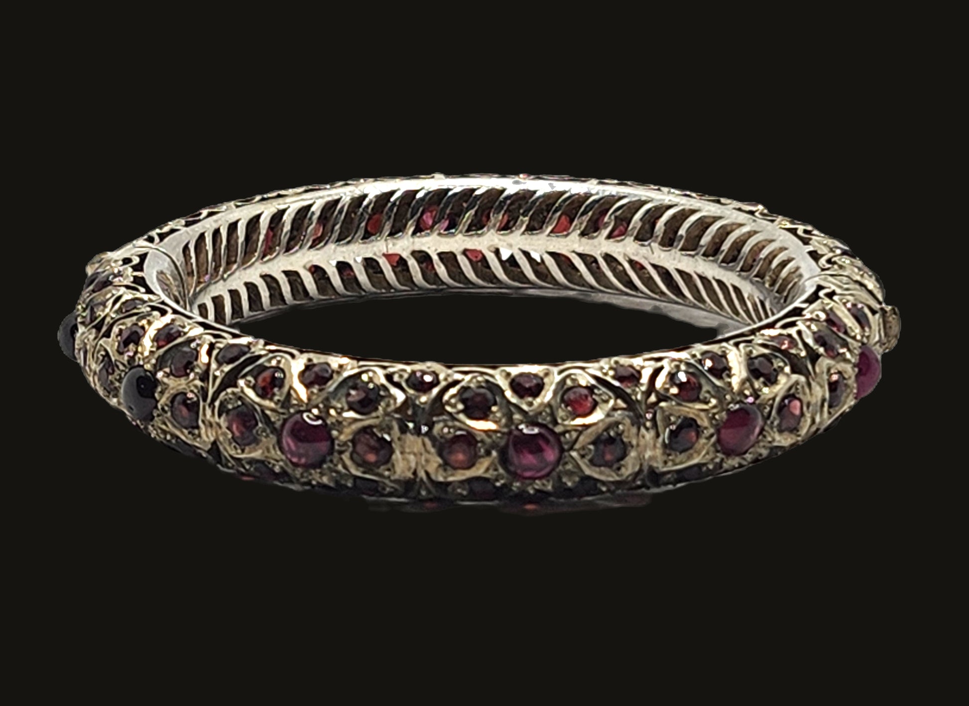 Mughal Indian Sterling Silver & Garnet Hinged Bangle Bracelet image 6