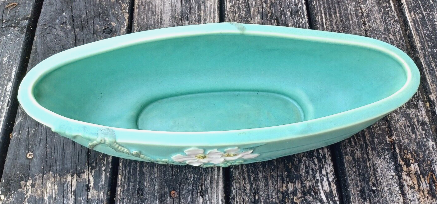 Rare Antique Weller Pottery Turquoise Wild Rose Large Oblong Planter Centerpiece image 11
