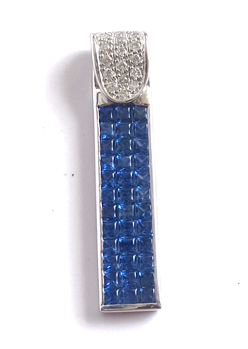 Estate 2.25 Ct Diamond & Ceylon Blue Sapphire 14K White Gold Bar Pendant image 5