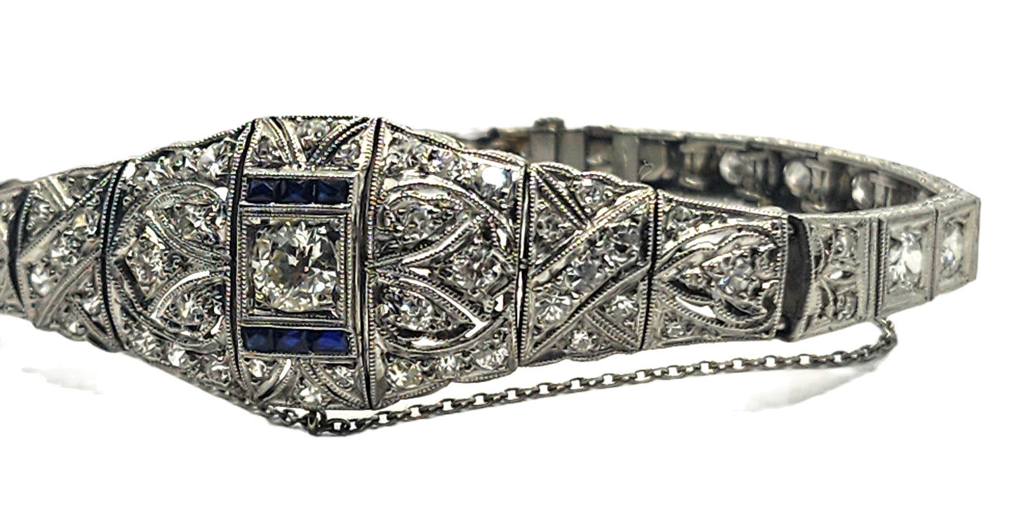 Antique Art Deco Filigree Platinum 3ct Diamond & Sapphire Bracelet image 3