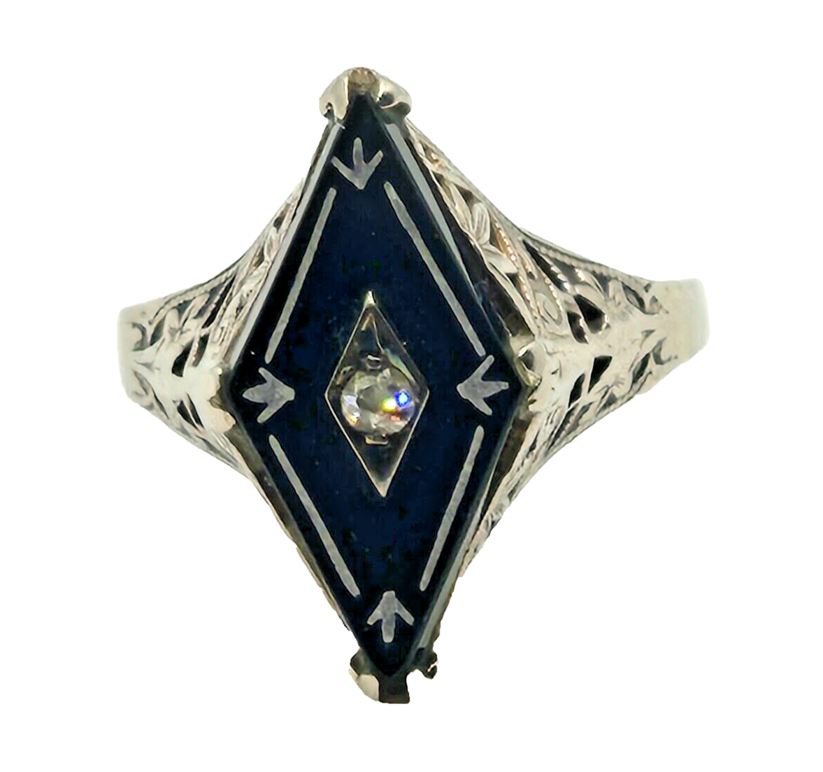 Antique Edwardian Art Deco Diamond Onyx & 14K White Gold Filigree Navette Ring image 1
