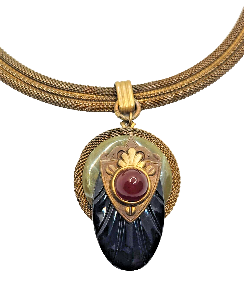 Vintage Patrice Black Onyx Carnelian & Green Agate Pendant Necklace image 2