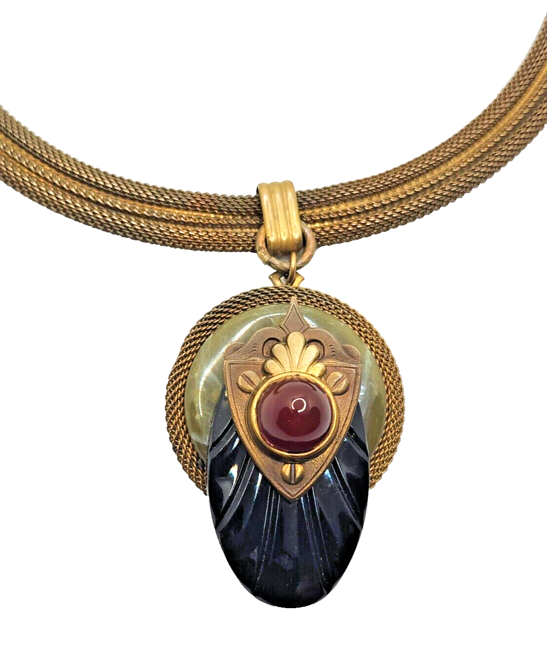 Vintage Patrice Black Onyx Carnelian & Green Agate Pendant Necklace image 2