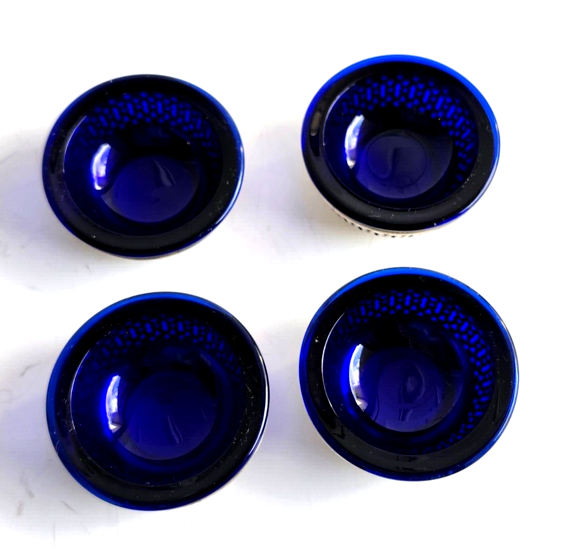 4 Antique Webster Sterling Silver & Cobalt Blue Open Salt Cellars w/ Spoons image 4