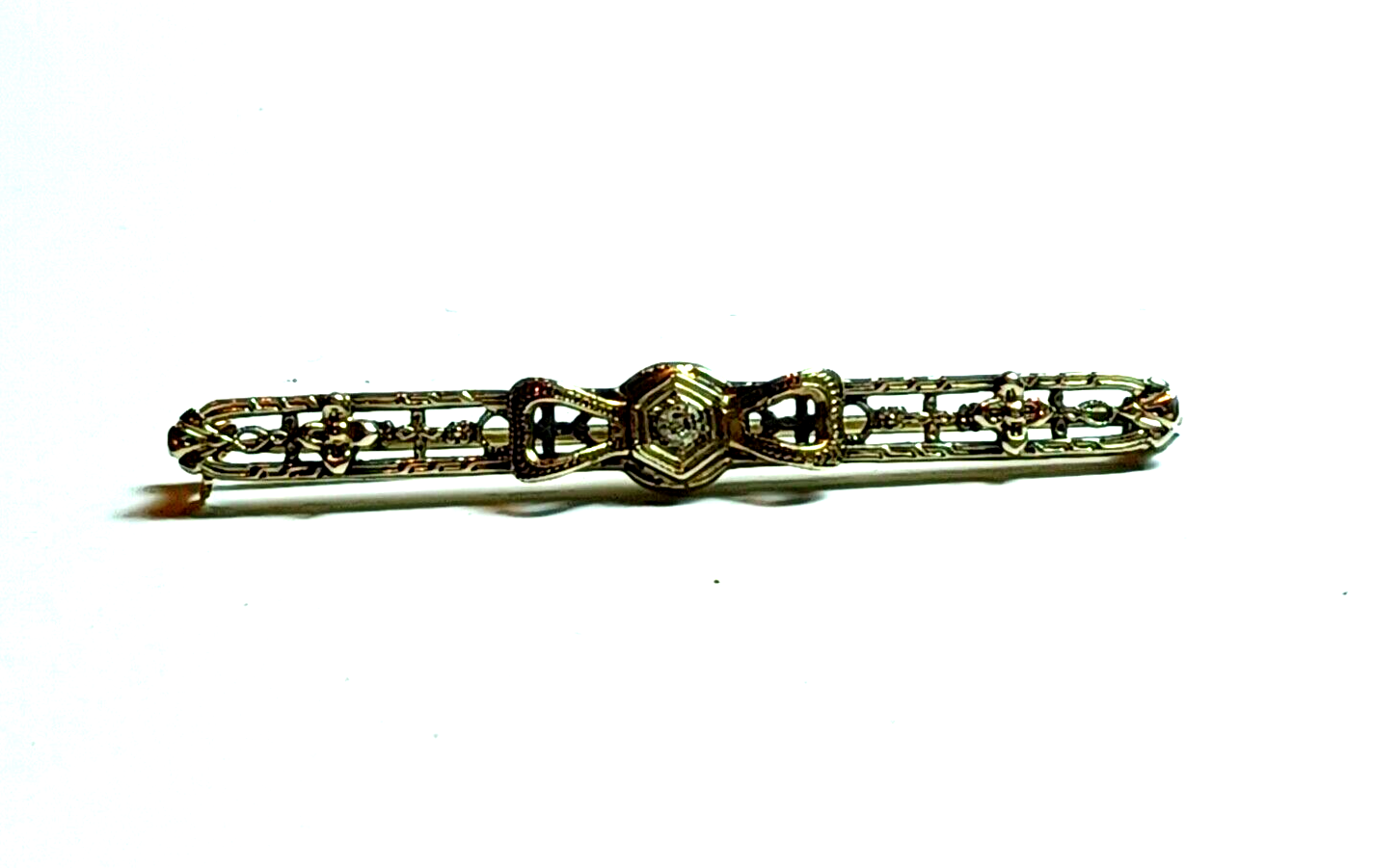 Antique Diamond Bow  & Floral 14K White Gold Bar Pin image 1