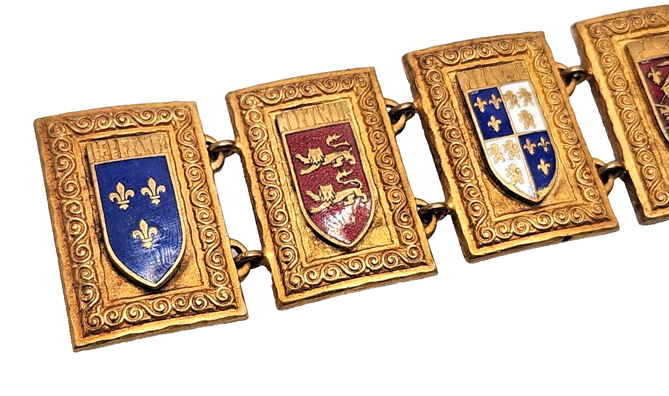 Vintage 1940s WWII French 7 Panel Coat of Arms Enamel Normandie Shield Bracelet image 1