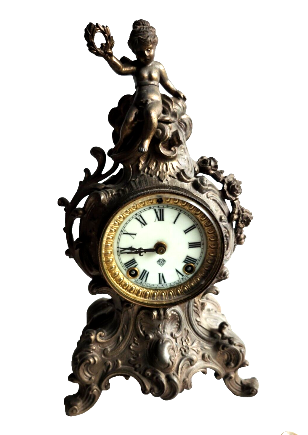 Antique Ansonia Bronze Gold Gilt Cherub Mantle Clock ~ Key Wind & Working image 0