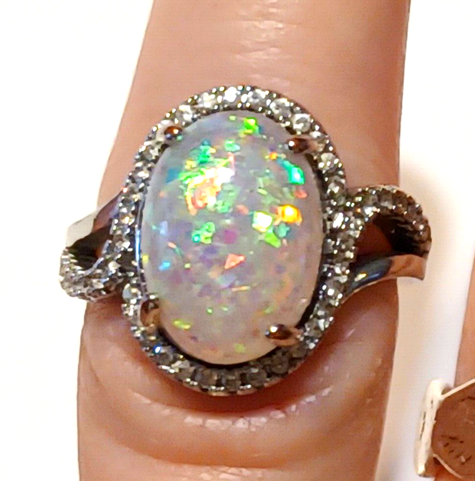Gorgeous Crushed Opal & CZ Sterling Silver Halo Ring image 0