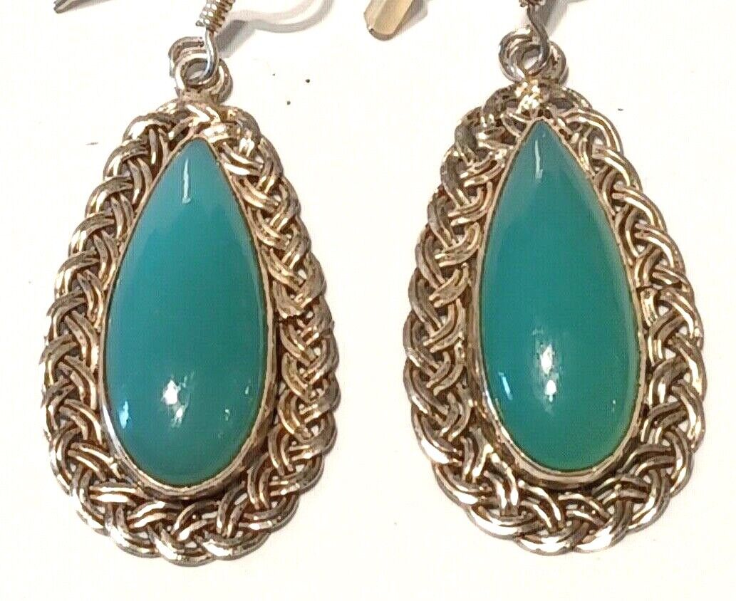 Vintage Sterling Silver & Aqua Blue Cabochon Stone Dangle Drop Earrings image 1