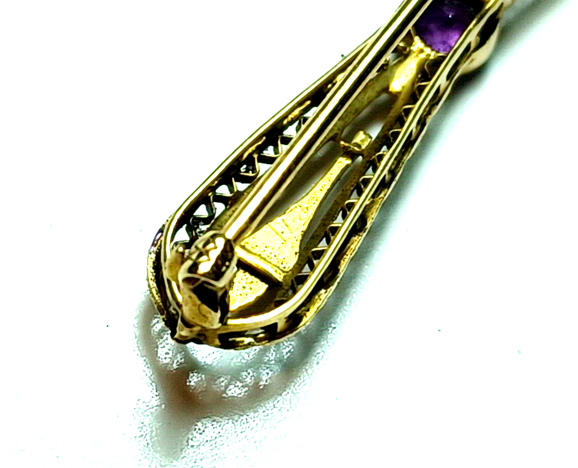 Antique Victorian .25ct Amethyst Filigree 14K Yellow Gold Bar Pin image 6