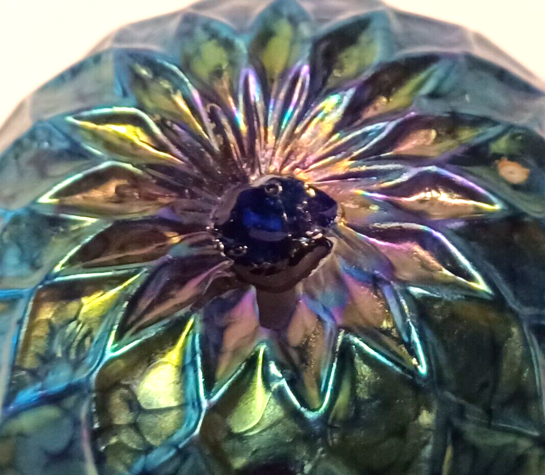 LUNDBERG Studios Art Glass Blue Iridescent Indian Basket Bowl 4 1/2" image 8