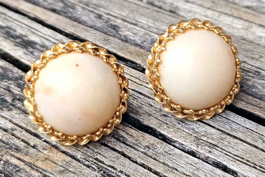 Genuine 13MM Natural Angel Skin Coral 14k Yellow Gold Omega Back Earrings image 2