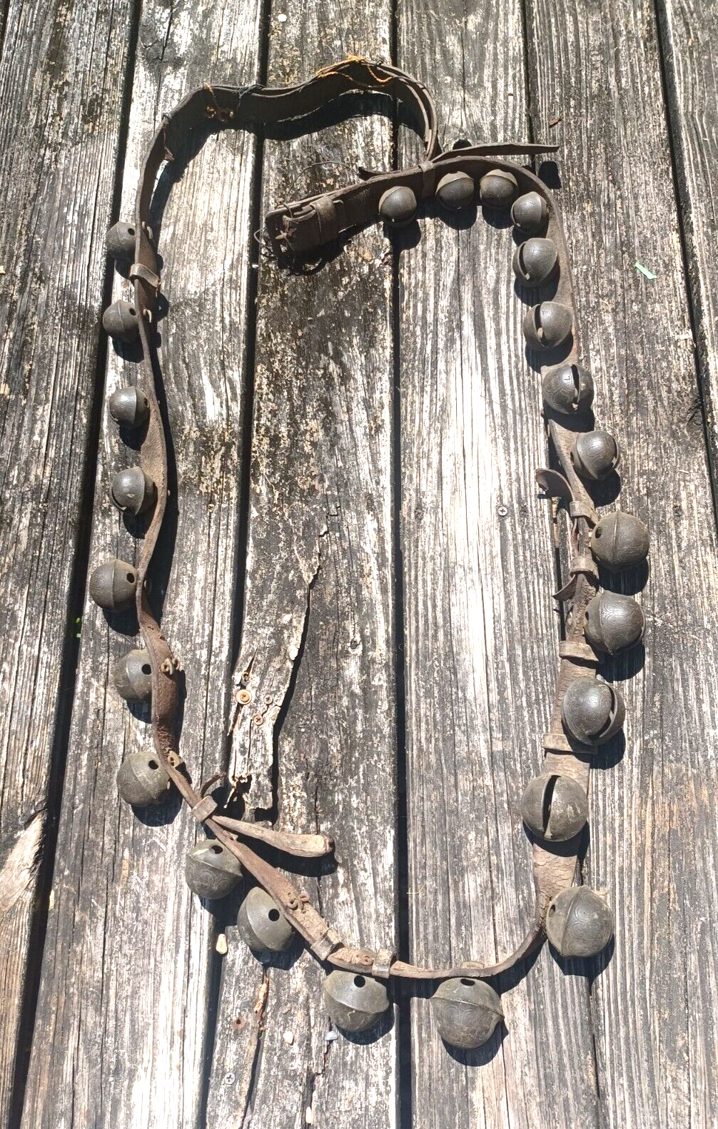 Antique Brass Engraved Sleigh Bells Numbered Original Strap 8Ft Long 24 Bells image 0