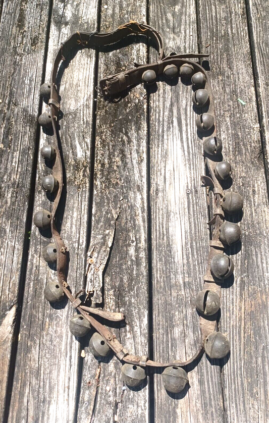 Antique Brass Engraved Sleigh Bells Numbered Original Strap 8Ft Long 24 Bells image 0