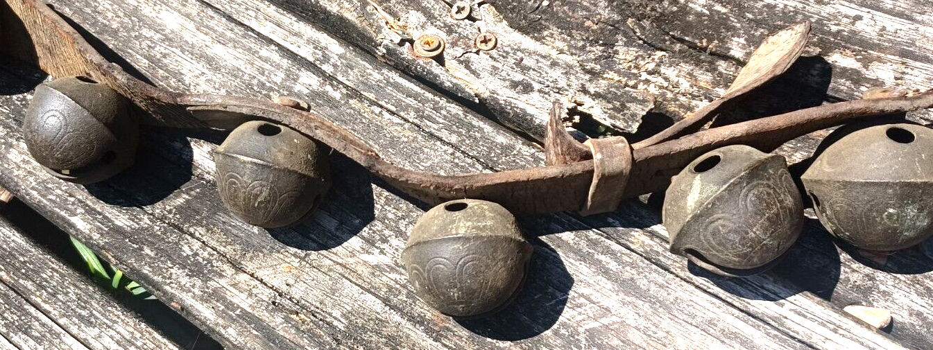 Antique Brass Engraved Sleigh Bells Numbered Original Strap 8Ft Long 24 Bells image 9