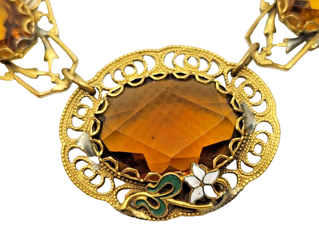 Antique Art Nouveau Enamel Czech Citrine Glass Filigree Gold Filled Necklace image 7