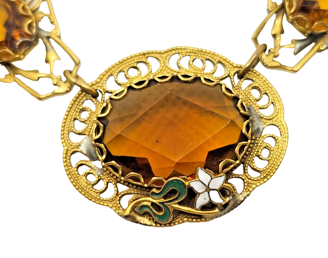 Antique Art Nouveau Enamel Czech Citrine Glass Filigree Gold Filled Necklace image 7