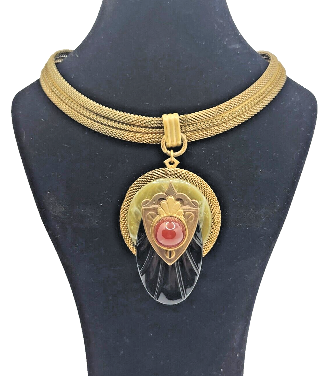 Vintage Patrice Black Onyx Carnelian & Green Agate Pendant Necklace image 0