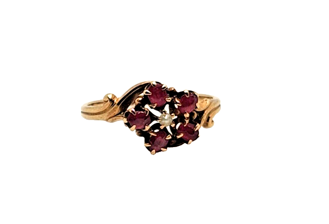 Antique Ruby & Seed Pearl Flower 10K Yellow Gold Ring image 3
