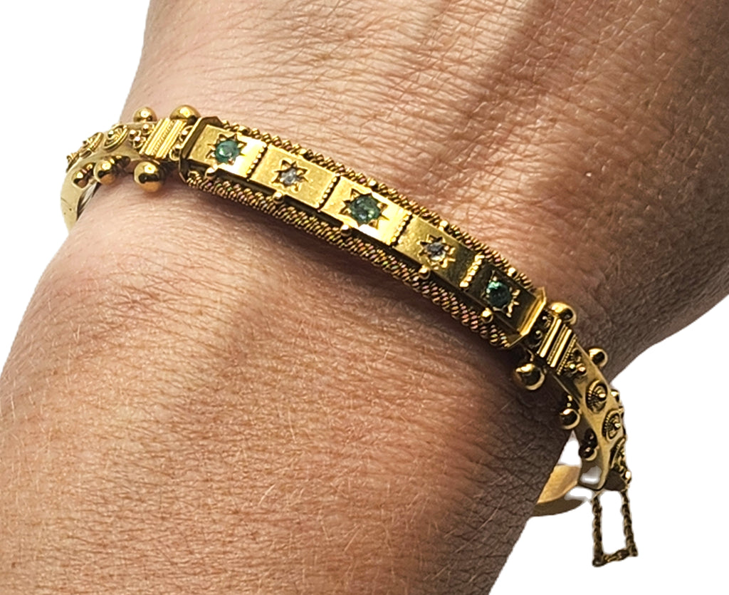 Antique Victorian Emerald & Diamond 15k Yellow Gold Bangle Bracelet image 0
