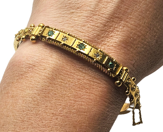 Antique Victorian Emerald & Diamond 15k Yellow Gold Bangle Bracelet image 0