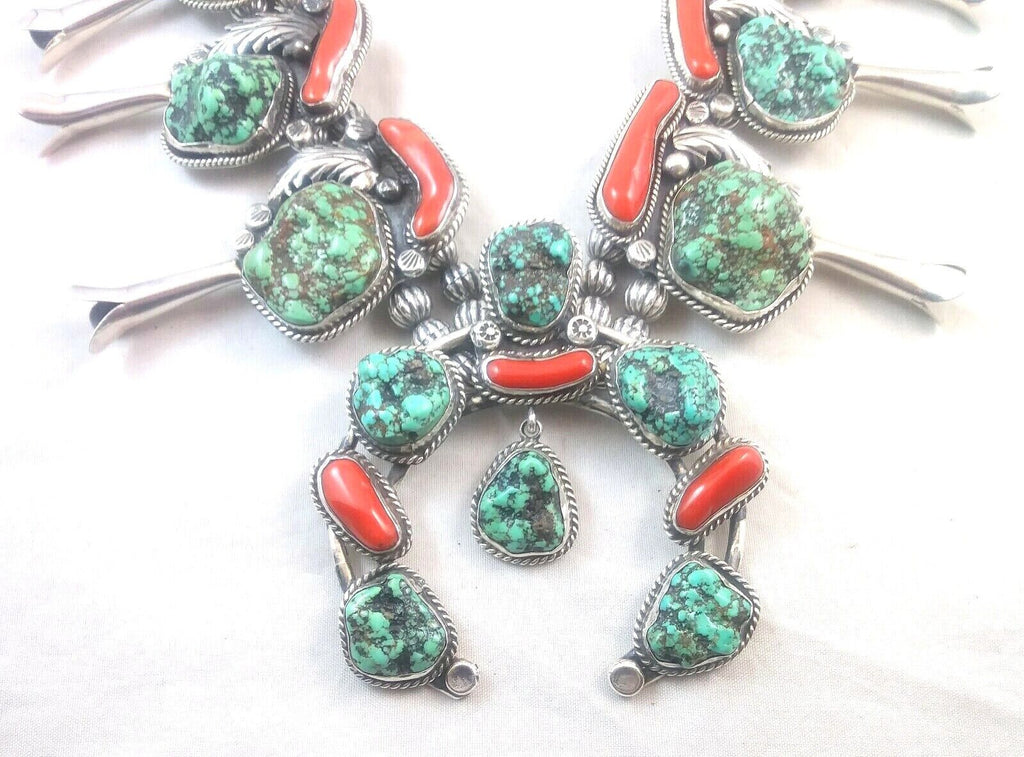 Native American Signed Squash Blossom Turquoise Coral & Sterling Silver Necklace image 5