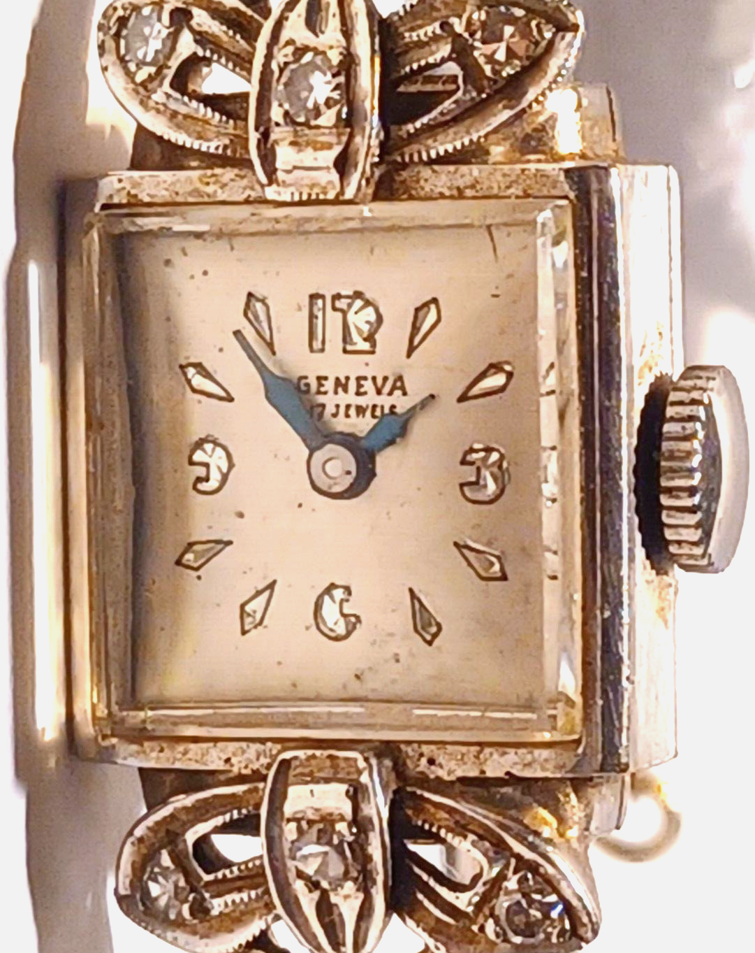 Antique Diamond Ladies Geneva 17J Manual Wind 14K White Gold Watch & Band image 3