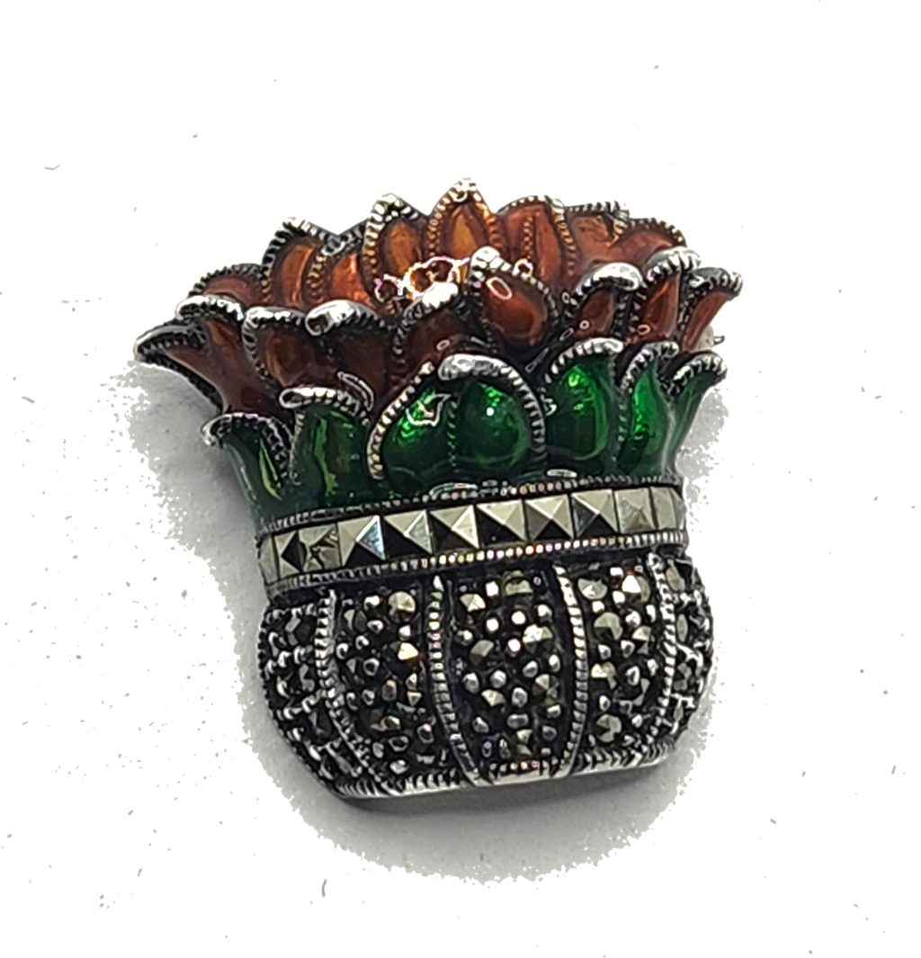 Judith Jack Sterling Silver Marcasite & Enamel Poinsettia Plant Brooch image 0